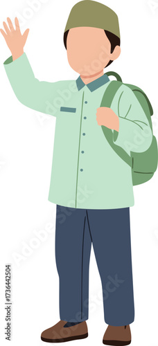 A Muslim boy in a light green outfit and cap, carrying a backpack and waving, perfect for educational and school themes