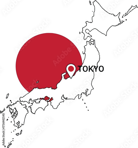 Illustration of japan map with the japanese flag and tokyo location marked on the map image art