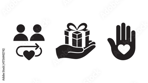 Charity and donation icon set vector glyph symbols for giving sharing and volunteering isolated on white background