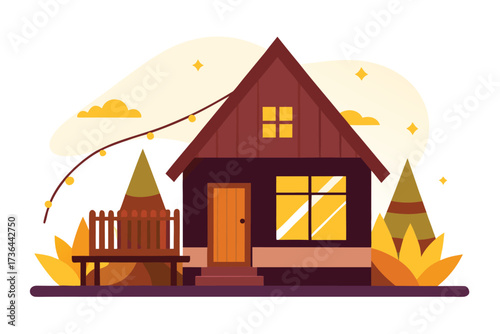 AFrame House with Bench, Lights, and Trees Cozy, Simple, and Modern Design