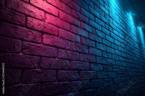 Textured brick wall with pink and blue neon lights