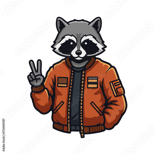Cool raccoon character making a peace sign wearing a trendy bomber jacket, perfect for urban fashion, streetwear, and unique branding projects