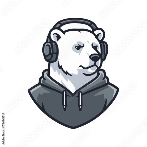 Cool polar bear rocking headphones and hoodie, perfect for branding, music, or animal-themed designs, a modern and playful logo or mascot design