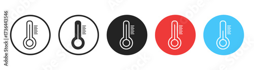 Temperature and thermometer icons. Weather and climate vector set featuring Celsius, Fahrenheit, measurement scales, snow, frost, and air conditioner. Isolated illustration.