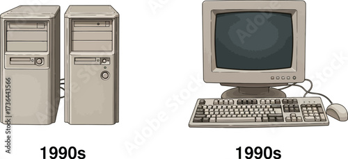 Illustrated depiction of desktop computers and towers from the nineties era on a white background