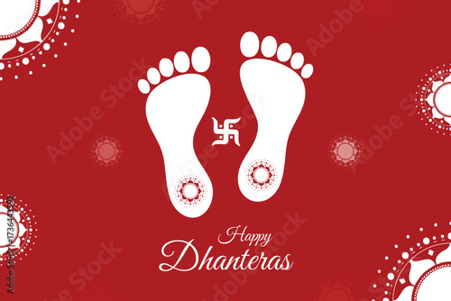 Dhanteras wishing and greeting banner or poster design with footprint elements and circle, mandala, decoration, lakshmi, puja, traditional, indian, festival,  
