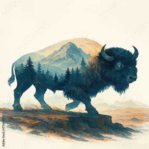 Majestic ice buffalo spirit roaming a mystical starry night landscape