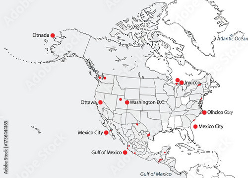 North america map with cities ottawa washington d c and mexico city marked with red dots and city names