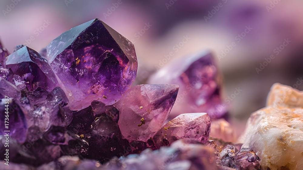 Fototapeta premium Detailed reveals stunning purple amethyst crystals in soft focus, displaying a beautiful display of natural light and texture.