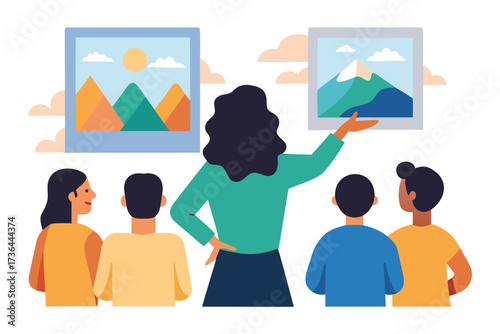 Art Instructor Presenting Landscape Paintings to a Group of Students in a Classroom Setting