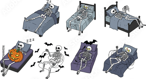 Cartoon skeletons set, funny undead characters, Halloween illustration, spooky lounge vector, humorous monster artwork, horror design, creepy bones, entertainment, flat vector