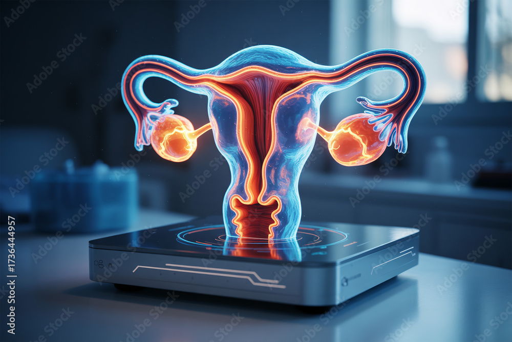Fototapeta premium Striking uterus model for medical study, a holographic display for reproductive health education, and innovative technology for women's healthcare progress