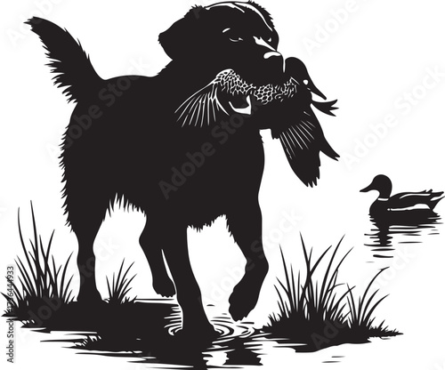 Black dog silhouette carrying duck through water with another duck