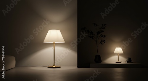 Illuminating a minimalist living space, a soft glow emanates from elegant table lamps against a muted background.