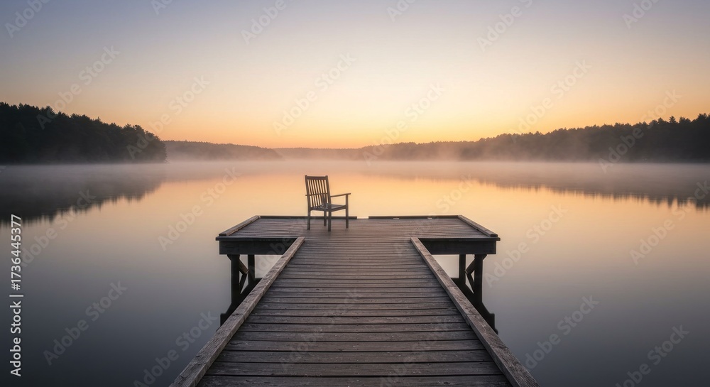 Obraz premium Wooden pier extends towards a calm lake at sunrise, with a single chair positioned on the end, shrouded in early morning mist and reflecting a warm glow of golden colors 