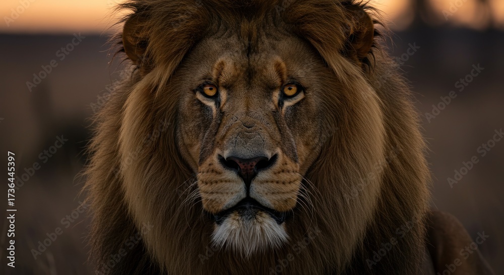 Fototapeta premium Majestic portrait of a male lion, capturing its intense gaze with amber eyes, showcasing a detailed mane and focused facial features against a soft, blurred background