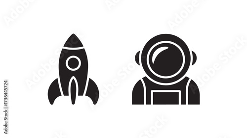 Simple space exploration icons featuring a rocket and astronaut helmet vector glyphs for science and technology projects