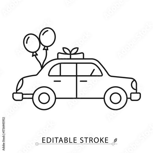 A wedding car icon in a minimalist line style with editable stroke. Marriage celebration transport, honeymoon trip vehicle, just married auto, party decoration, romantic journey symbol.