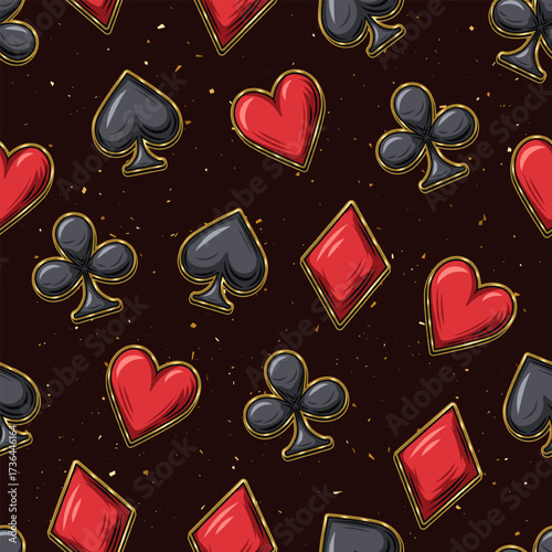 Seamless pattern with randomly scattered card suits icons on black textured background. Signs of hearts, clubs, spades, diamonds in thin golden frames. Gambling, casino theme.
