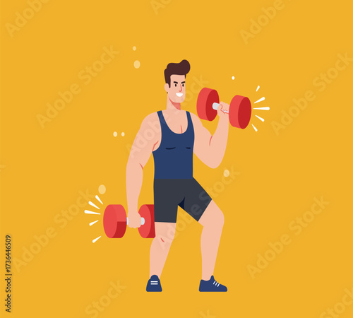Vector art of a muscular man is depicted lifting dumbbells in a vibrant and dynamic illustration, showcasing his strength and fitness against a backdrop of geometric shapes and bold color contrasts.
