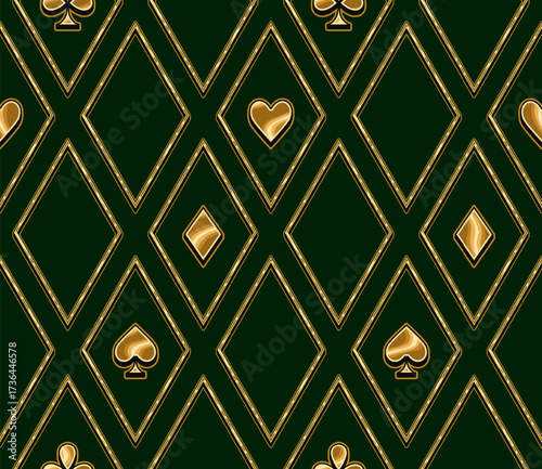 Seamless geometric pattern with card suits golden icons in rhombus grid. Diagonal arrangement of hearts, clubs, spades, diamonds symbols. Luxury kitsch style. Gambling, casino theme