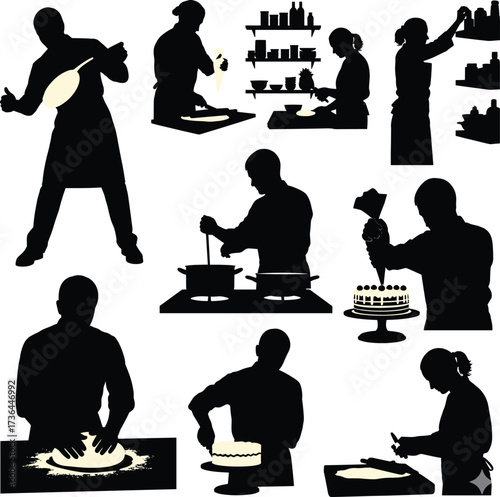 cooking, baking, chef, kitchen, dough, pizza, cake, bread, food, recipe, meal, cuisine, culinary, dessert, pastry, rolling, stirring, decorating, preparation, silhouette