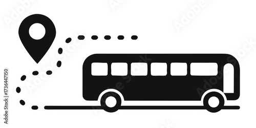 Black and White Bus Icon Tracing a Route to a Destination Location Pinpoint