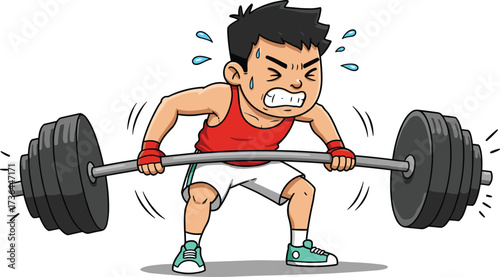 Cartoon weightlifter character, heavy barbell lifting, fitness struggle illustration, gym workout design, strength training vector, athlete effort drawing, sports exercise, flat vector