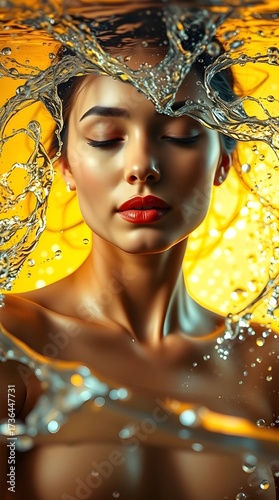 Ethereal spiritual vibe, warm golden glow. Photorealistic, high-speed capture of a beautiful woman in clear, splashing water. Dynamic motion, intricate ripples, droplets, air bubbles.