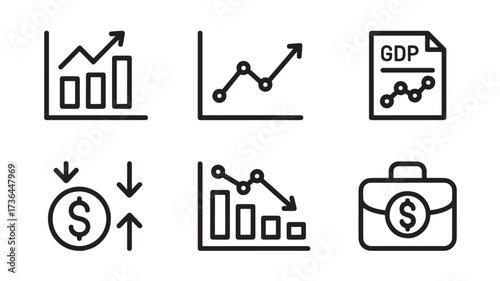 Set of business and finance icons showing growth decline and GDP simple line vector design elements isolated on white background
