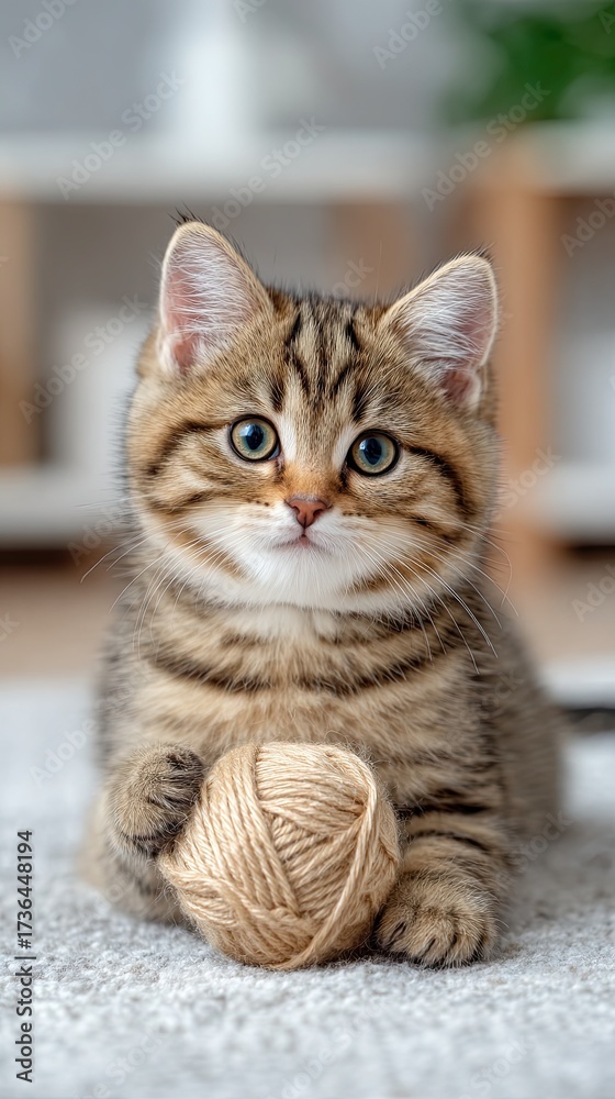 Fototapeta premium Adorable Tabby Kitten Playing with Ball of Yarn on Soft Carpet