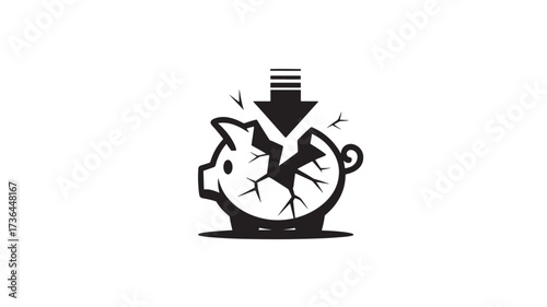Broken piggy bank with arrow financial crisis concept vector illustration isolated on white background