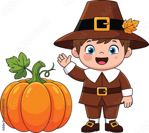 Cartoon pilgrim boy with pumpkin, cute Thanksgiving character illustration, autumn harvest festival design, happy child waving, traditional costume holiday art