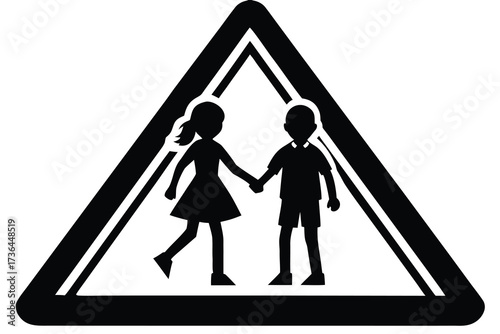 Black and White Children Crossing Sign with Girl and Boy Holding Hands