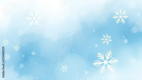Blue winter background with delicate white snowflakes, watercolor festive seasonal design.