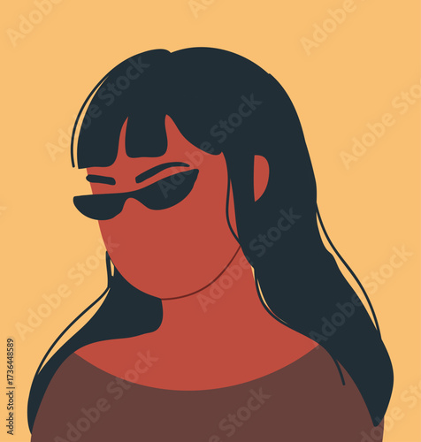 Abstract woman portrait, female avatar in cat-eye sunglasses, faceless anonymous, secret agent, spy character, user profile. Hand drawn vector illustration.