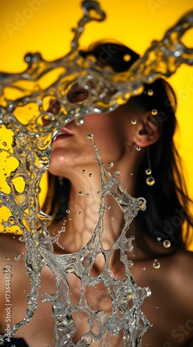 Silhouetted backlighting, extreme macro close-up. Photorealistic, high-speed capture of a beautiful woman in clear, splashing water. Dynamic motion, intricate ripples, droplets, air bubbles.