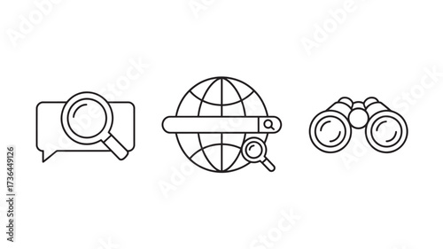 Set of search and exploration icons magnifying glass globe and binoculars simple line vector design for web and mobile apps