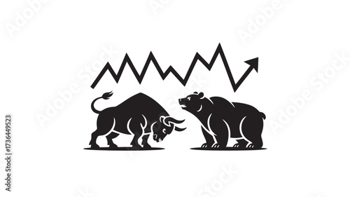 Bull and bear fighting with stock market trend line vector illustration for finance and investment concepts isolated on white background