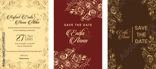 Floral elegant background with hand drawn rose elements in neutral maroon. Vector design templates for wedding invitation vip cover, poster, rsvp modern card-7.eps