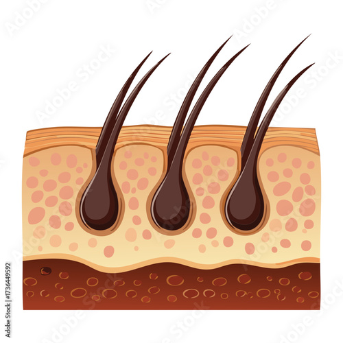 Educational vector graphic showing multiple healthy hair follicles growing closely together in a dense pattern on the scalp