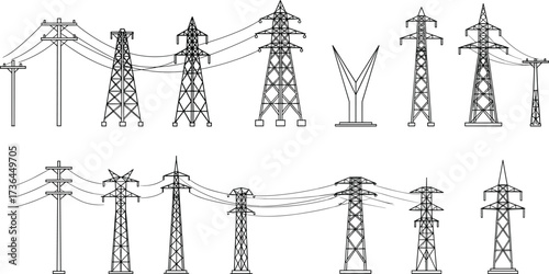 Collection of electrical transmission towers with diverse designs and power line structures, electricity distribution infrastructure, energy grid engineering system, flat vector illustration