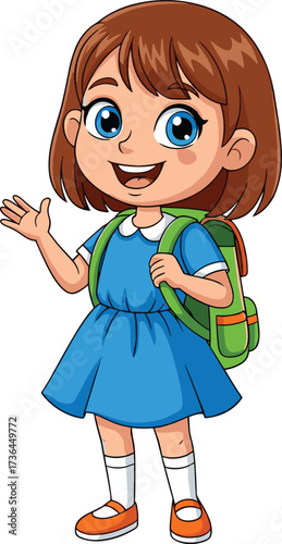 Cartoon schoolgirl character smiling, happy kid in blue uniform with backpack, child education concept, vector illustration of young student girl