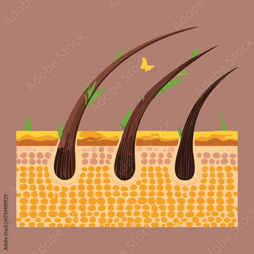 Medical diagram illustrating a problematic hair follicle with visible scalp issues like dandruff or fungal infection on the root