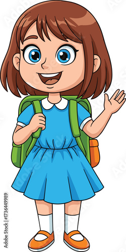Cartoon schoolgirl smiling with backpack, cute happy child in blue uniform dress, cheerful young student character, education learning concept vector