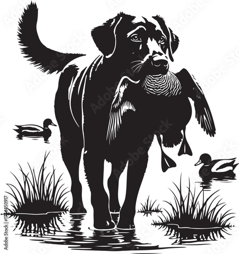 Black Labrador dog retrieving duck in water with reeds