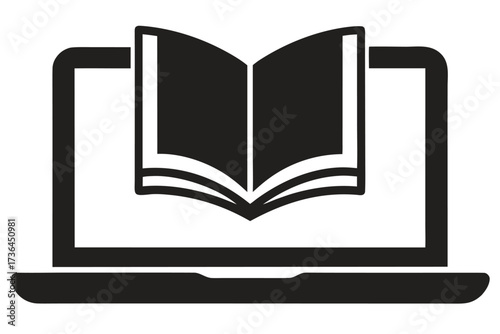 Black and White Icon of Open Book on Laptop, Symbolic for Online Learning