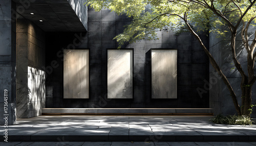 Three blank billboards mounted on dark tiled wall provide ample copy space for advertising, promotions. Outdoor display area with sidewalk, tree shadows, ideal for marketing, retail, public