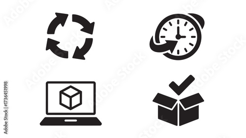 Set of black glyph icons including refresh delivery time 3D modeling and package received isolated on white background