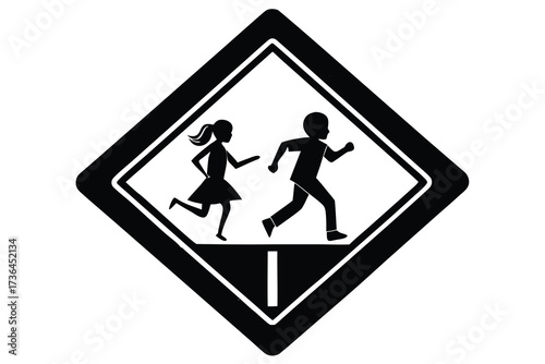 Black and White Illustration of Children Crossing Sign on a White Background